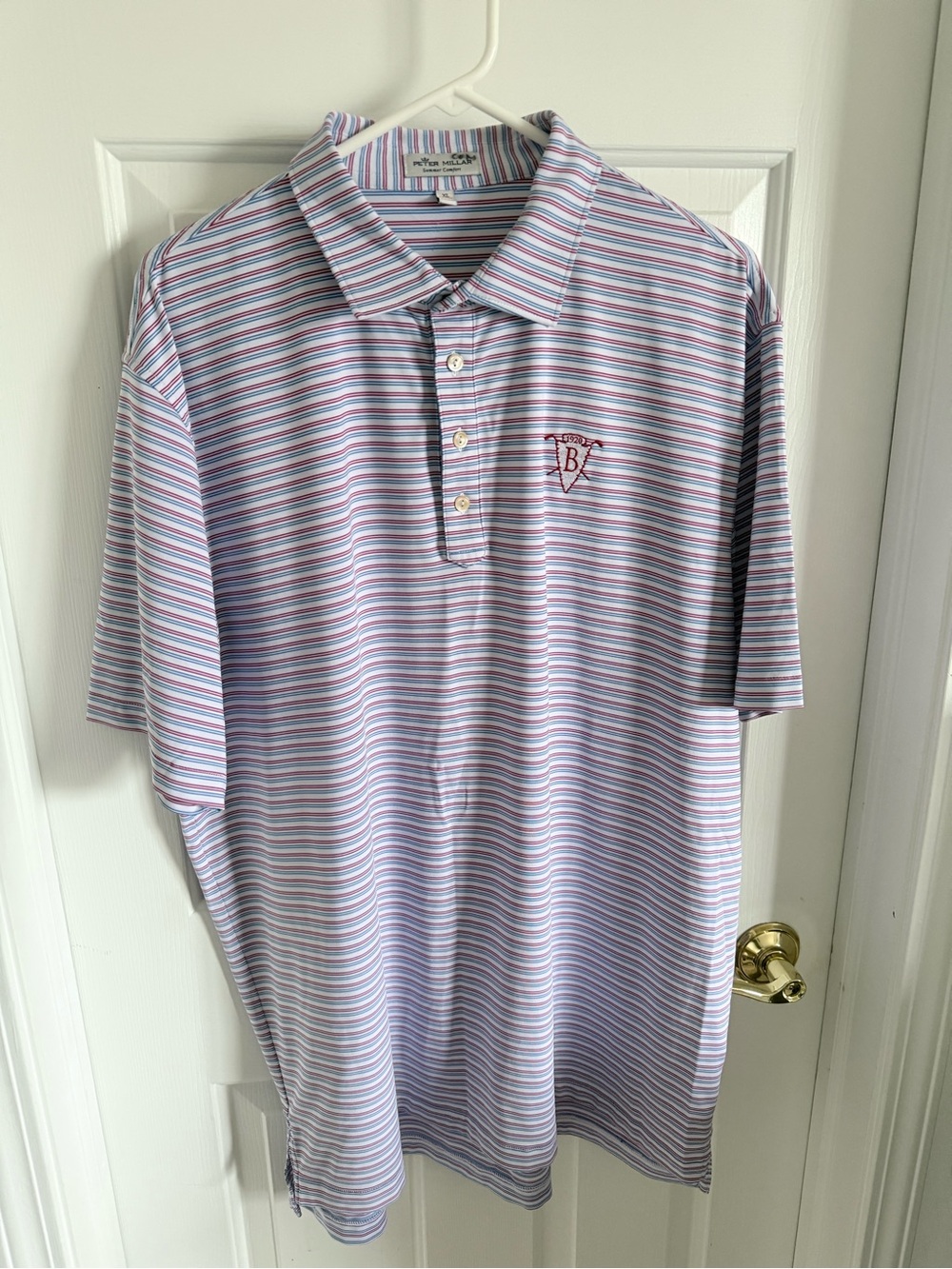 Peter Millar Butterfield Country Club Men’s Red and Blue Striped Polo Shirt EUC